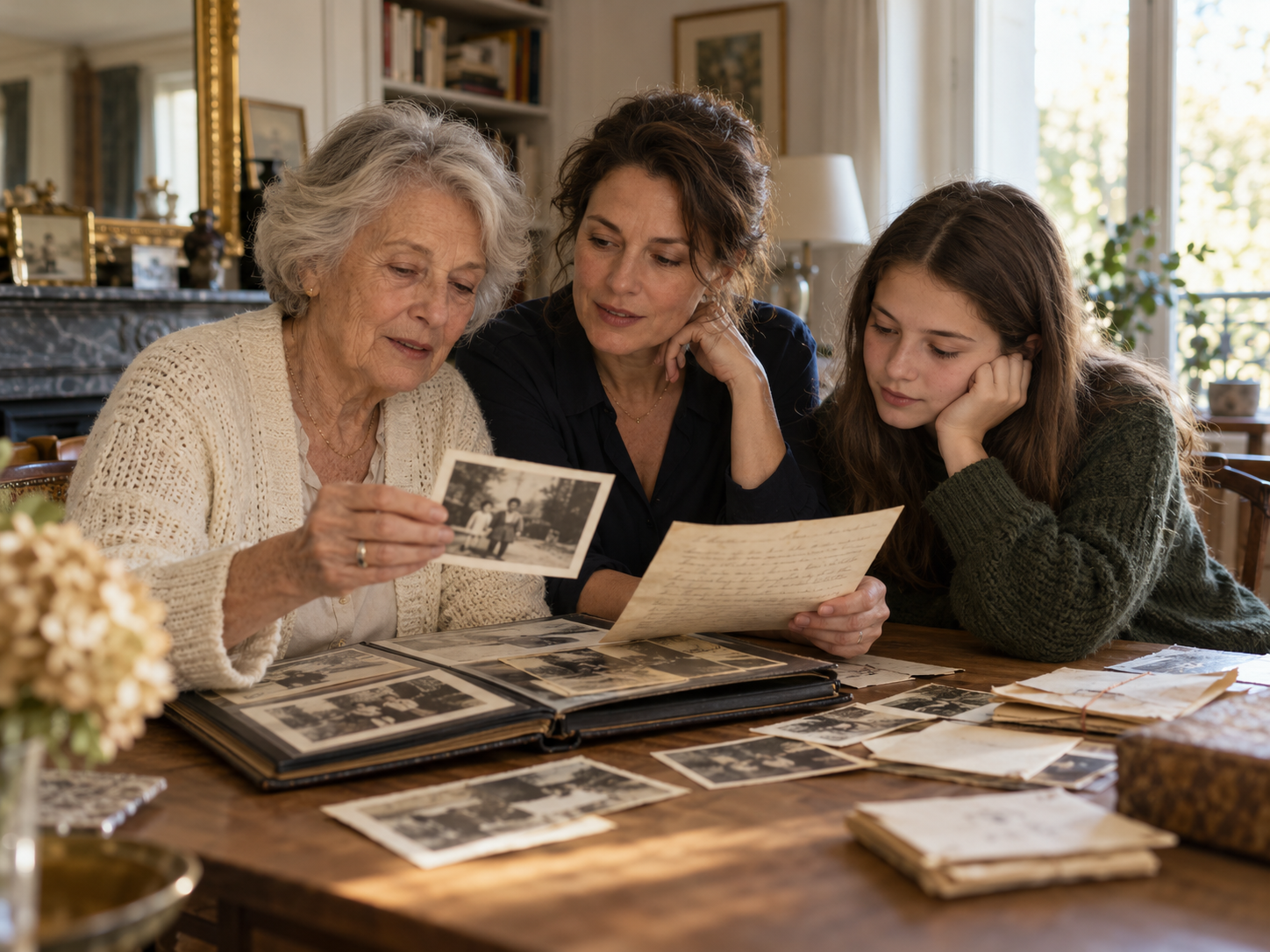 Trois générations découvrent ensemble des photographies et une lettre familiale