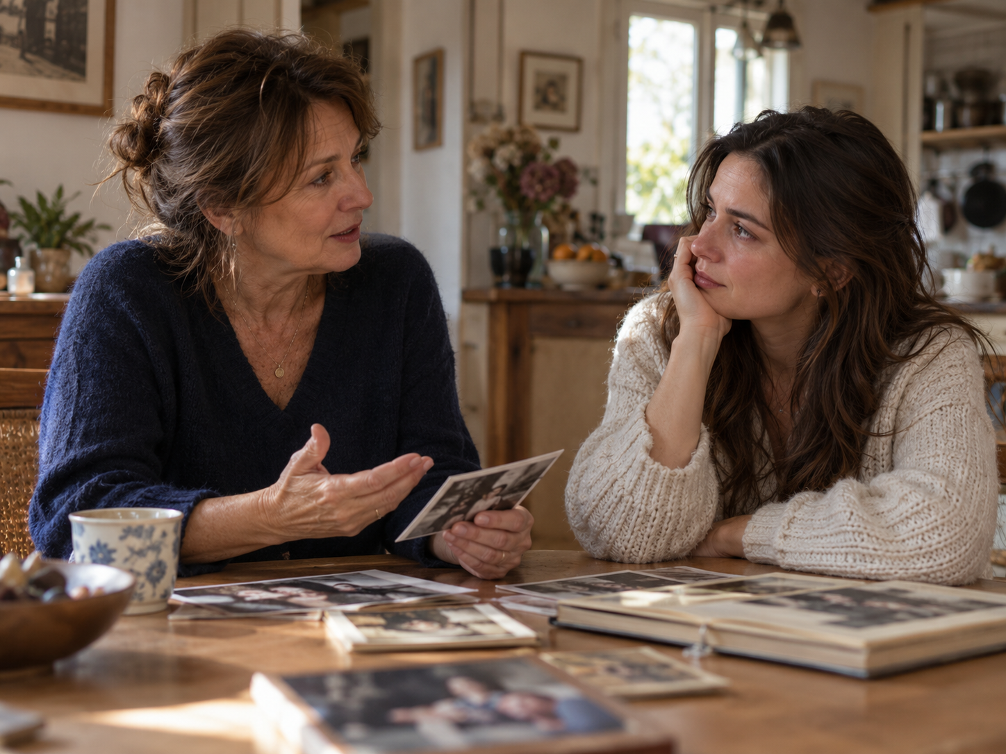 Une mère partage ses souvenirs avec sa fille autour de photographies familiales