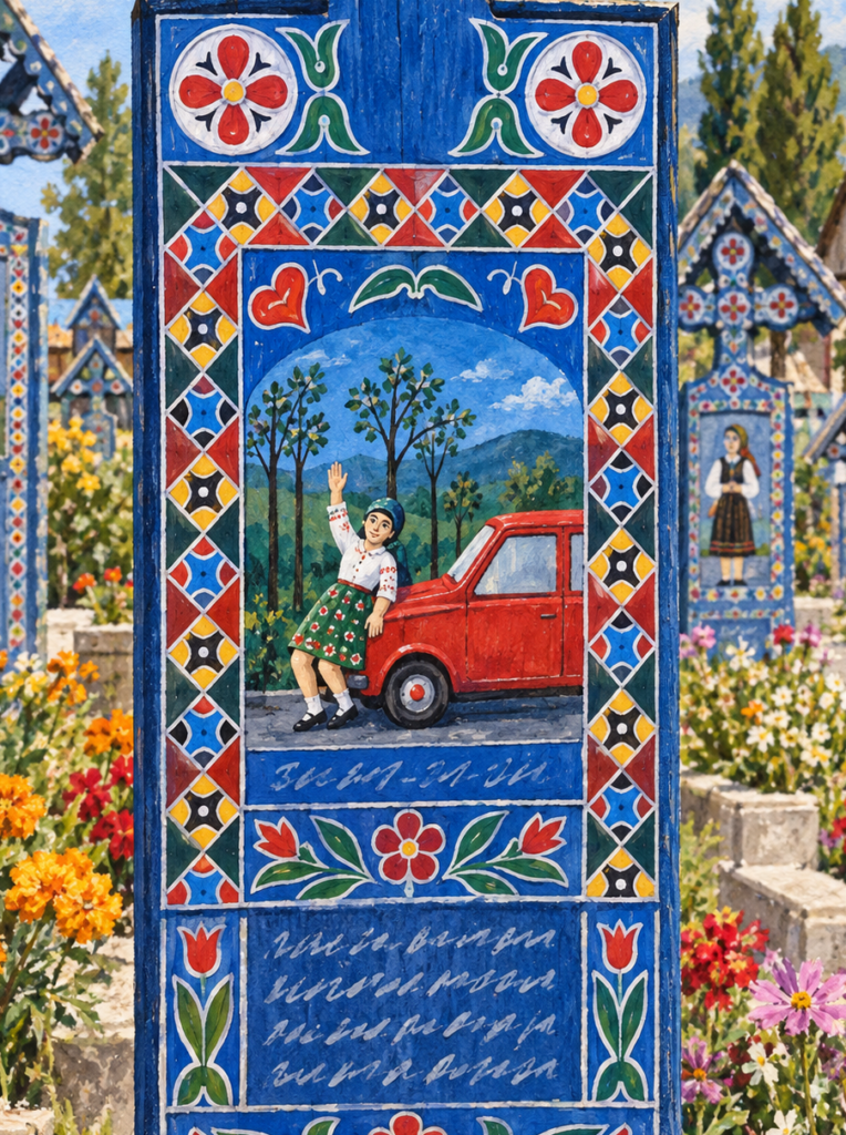 Stèle funéraire bleue peinte représentant une femme près d’une voiture rouge, dans le cimetière joyeux de Săpânța.