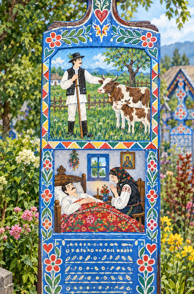 Stèle funéraire roumaine composée de deux scènes peintes racontant la vie rurale et les derniers instants d’un homme.